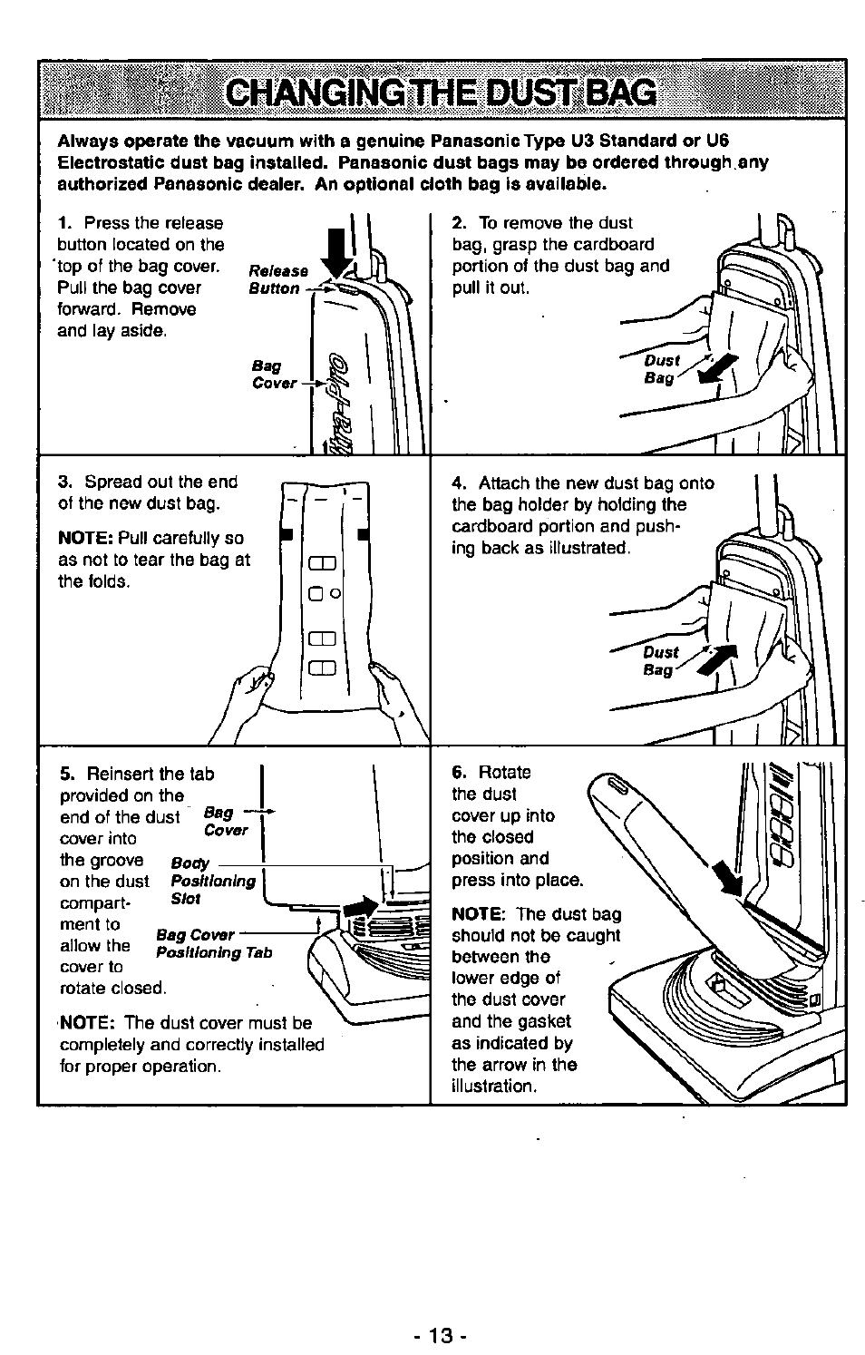 Changing the dustibag | Panasonic Ultra Pro MC-V300 User Manual | Page 13 / 40