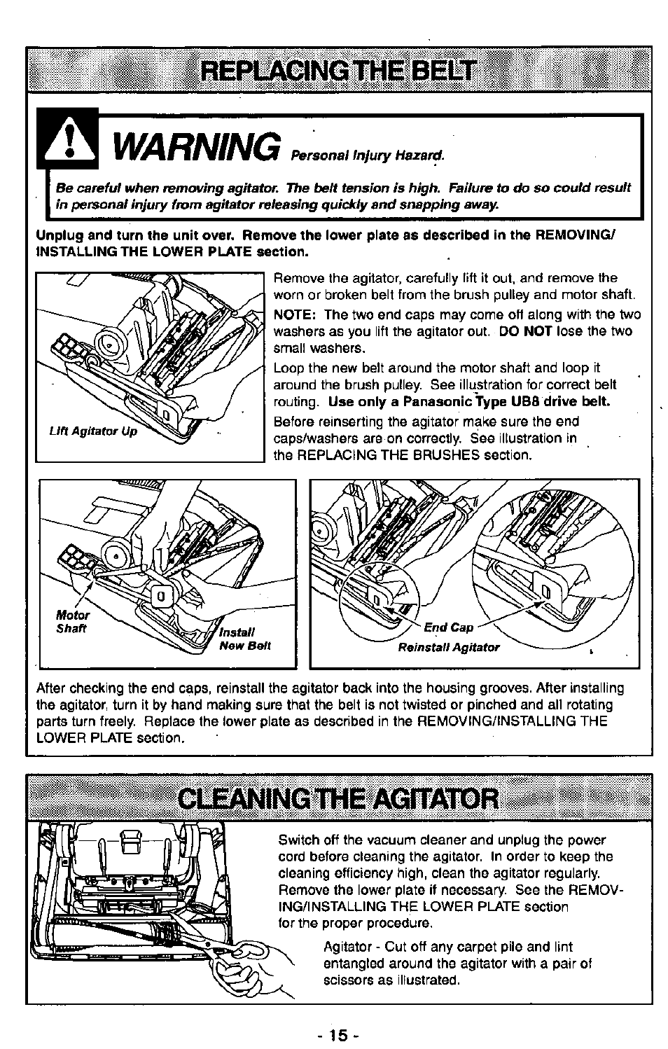 Warning, Ingthe agftator, Replacingthe belf | Panasonic Ultra Pro MC-V300 User Manual | Page 15 / 40