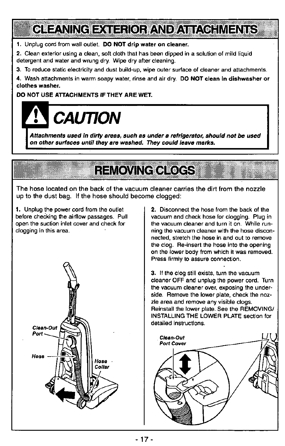 Caution, Remc^ng clogs, Cleaning ekrerk)r^dn | Panasonic Ultra Pro MC-V300 User Manual | Page 17 / 40