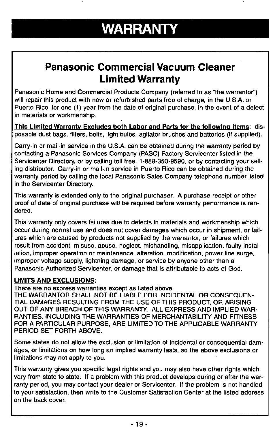 Warranty, Limits and exclusions | Panasonic Ultra Pro MC-V300 User Manual | Page 19 / 40