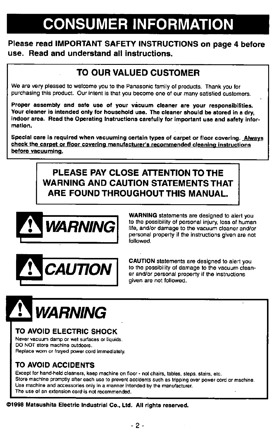 Consumer information, To our valued customer, Mrning | Caution, Warning, To avoid electric shock, To avoid accidents | Panasonic Ultra Pro MC-V300 User Manual | Page 2 / 40