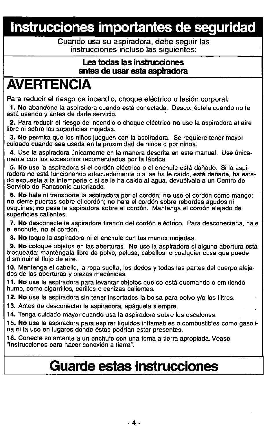Instrucciones importantes de seguridad, Avertencia, Guarde estas instrucciones | Panasonic Ultra Pro MC-V300 User Manual | Page 24 / 40