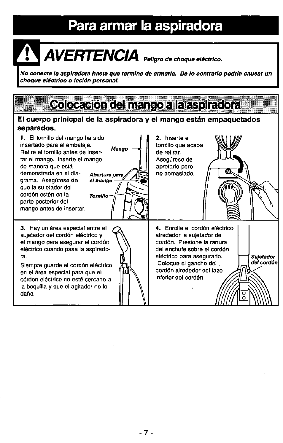 Para armar la aspiradora, Avertencia | Panasonic Ultra Pro MC-V300 User Manual | Page 27 / 40