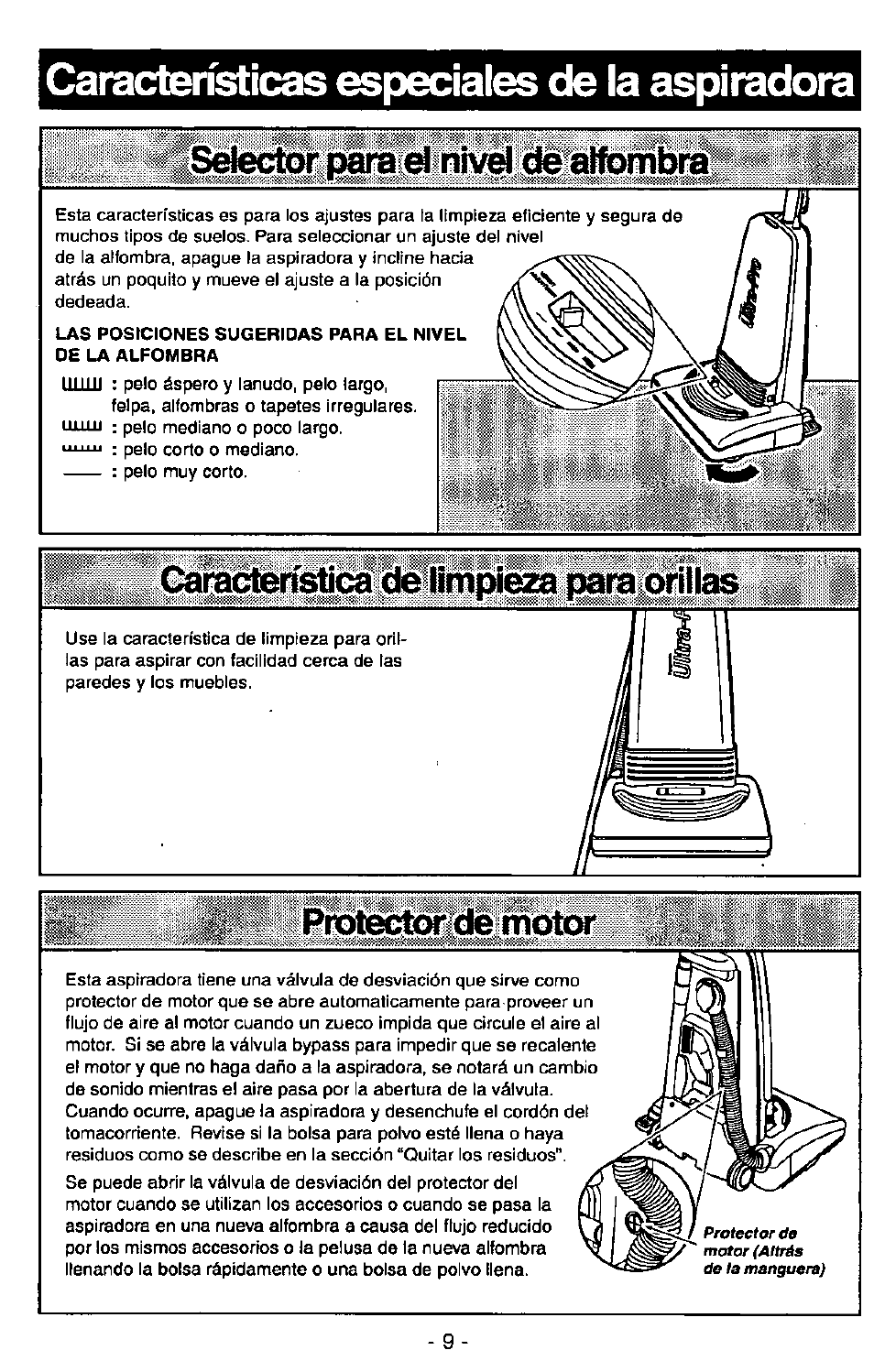 Características especiales de la aspiradora, I ^ a ensticade limpieza t mbvapillá, Protectorlde motor | Panasonic Ultra Pro MC-V300 User Manual | Page 29 / 40