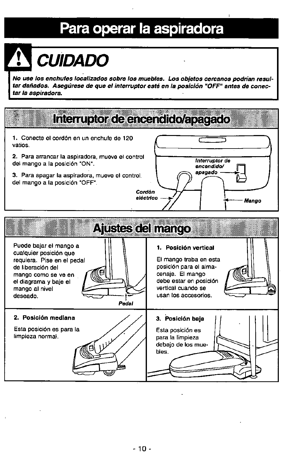 Para operar la aspiradora, Cuidado, Ajüstes del mango | Panasonic Ultra Pro MC-V300 User Manual | Page 30 / 40