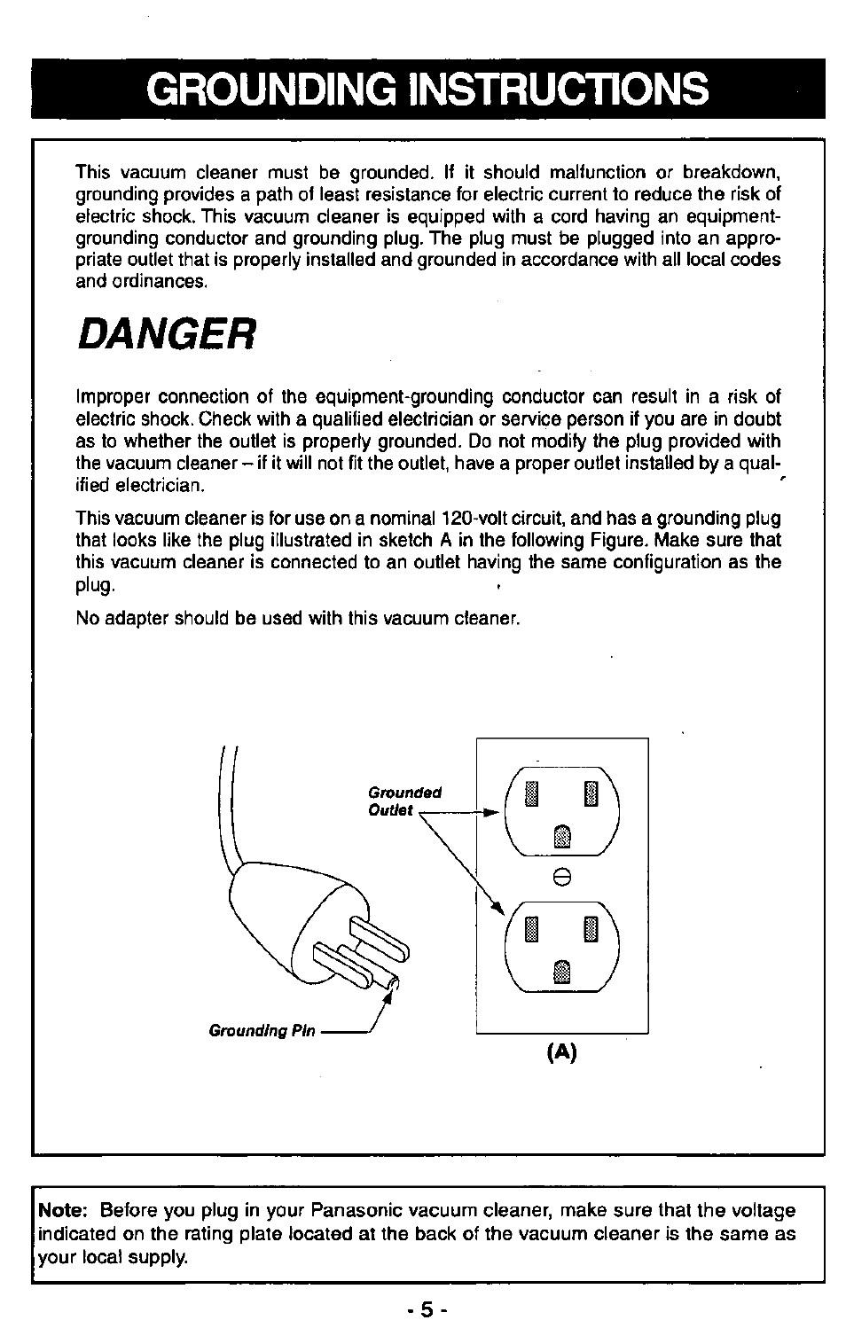 Grounding instructions, Danger | Panasonic Ultra Pro MC-V300 User Manual | Page 5 / 40