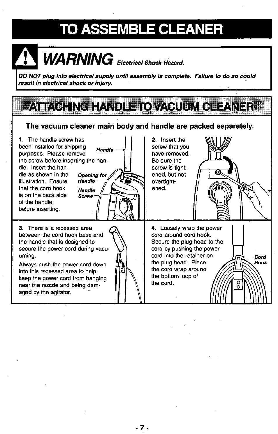 To assemble cleaner, Warning, Rmching handle to vacuum cleanefh | Panasonic Ultra Pro MC-V300 User Manual | Page 7 / 40