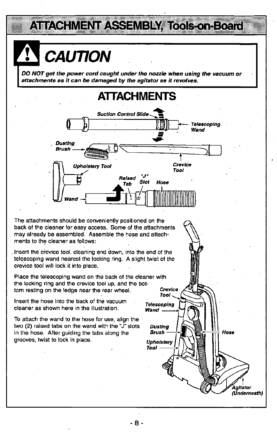 Caution, Attachment assembly. tools-on-boattl, Attachments | Panasonic Ultra Pro MC-V300 User Manual | Page 8 / 40