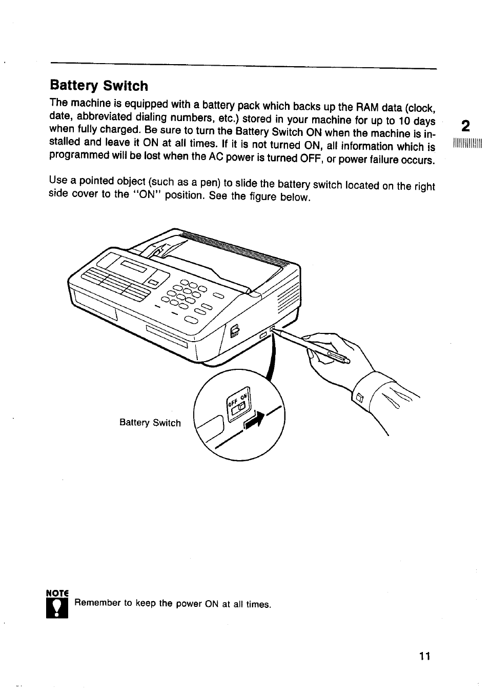 Battery switch, Remember to keep the power on at all times | Panasonic Panafax UF-130 User Manual | Page 11 / 72
