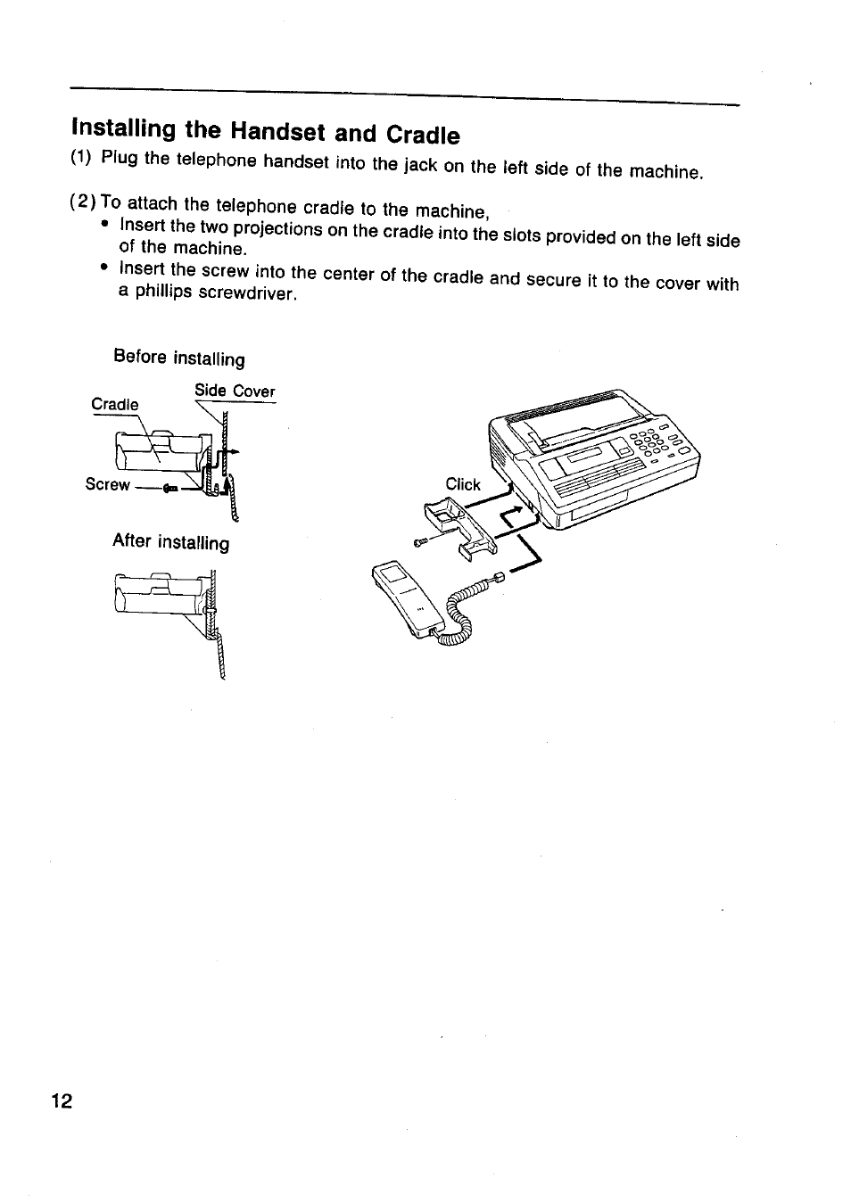 Installing the handset and cradle, Side cover cradle screw | Panasonic Panafax UF-130 User Manual | Page 12 / 72