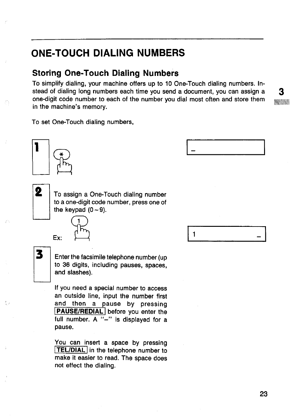 One-touch dialing numbers, Storing one-touch dialing numbers | Panasonic Panafax UF-130 User Manual | Page 23 / 72