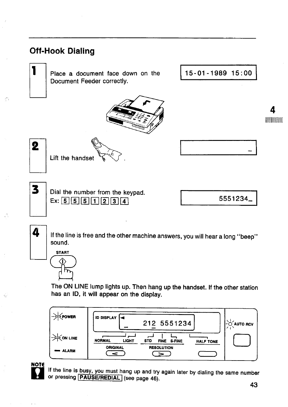 Off-hook dialing, Use/redial | (see page 46) | Panasonic Panafax UF-130 User Manual | Page 43 / 72