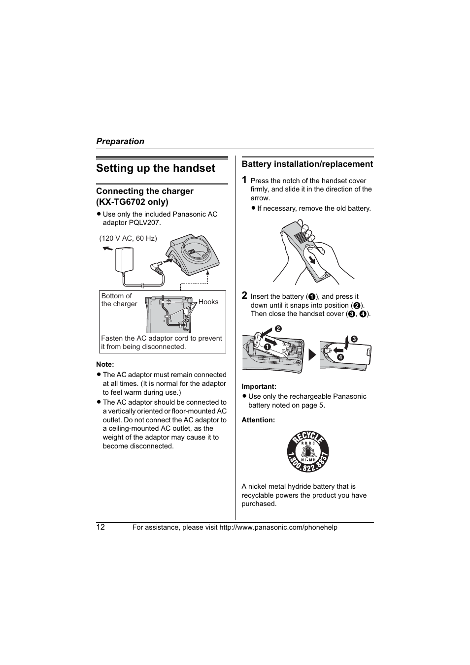 Setting up the handset | Panasonic KX-TG6700 User Manual | Page 12 / 72