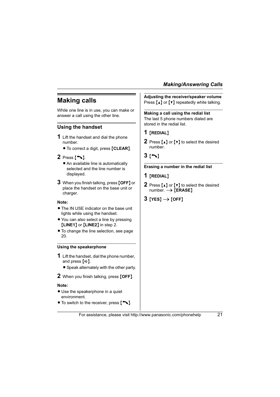 Making / answering calls, Making calls | Panasonic KX-TG6700 User Manual | Page 21 / 72