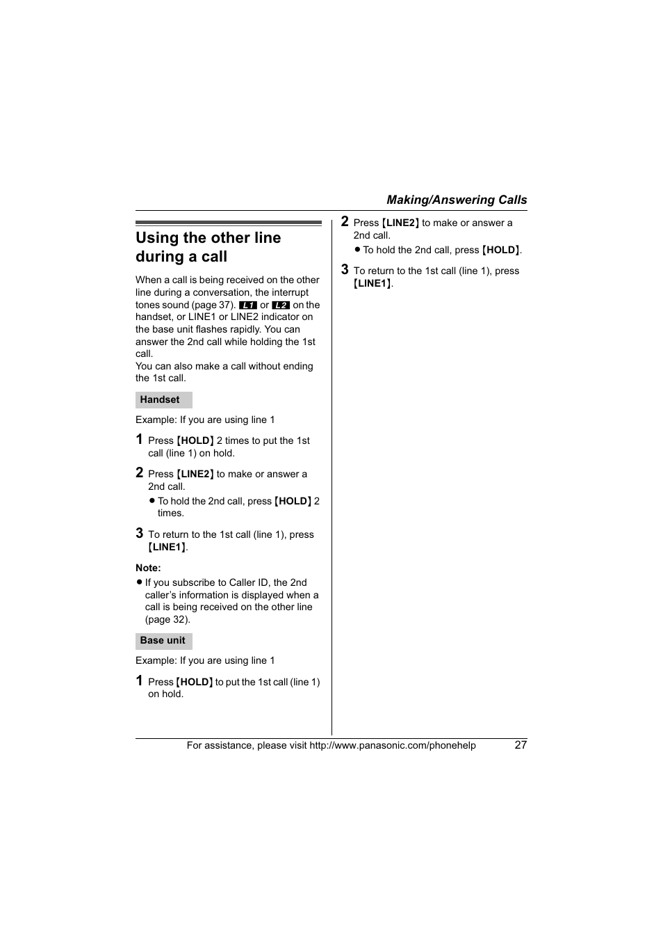 Using the other line during a call | Panasonic KX-TG6700 User Manual | Page 27 / 72