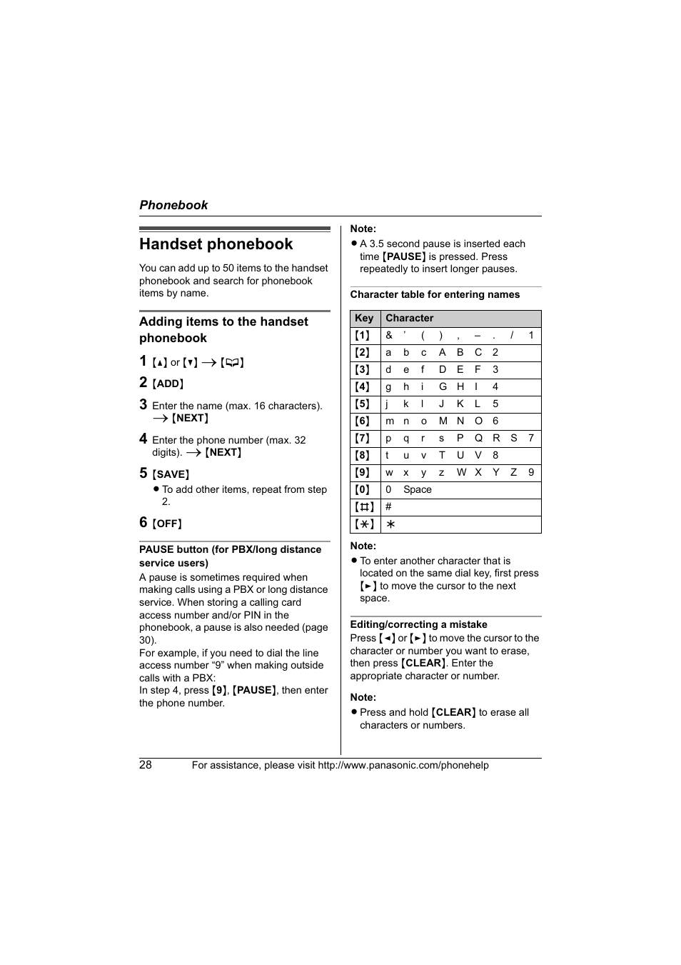 Phonebook, Handset phonebook | Panasonic KX-TG6700 User Manual | Page 28 / 72