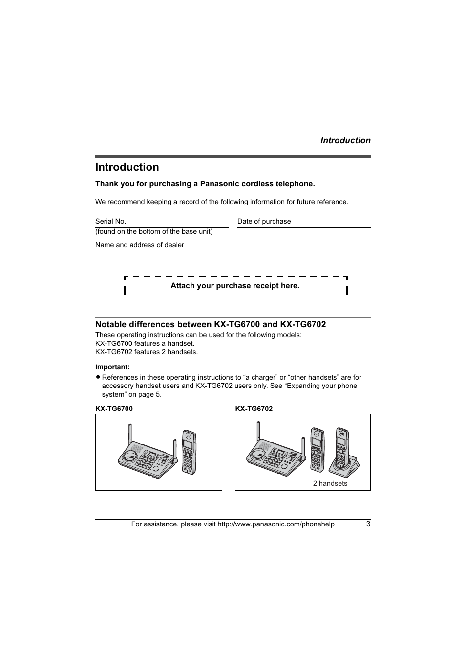 Introduction | Panasonic KX-TG6700 User Manual | Page 3 / 72