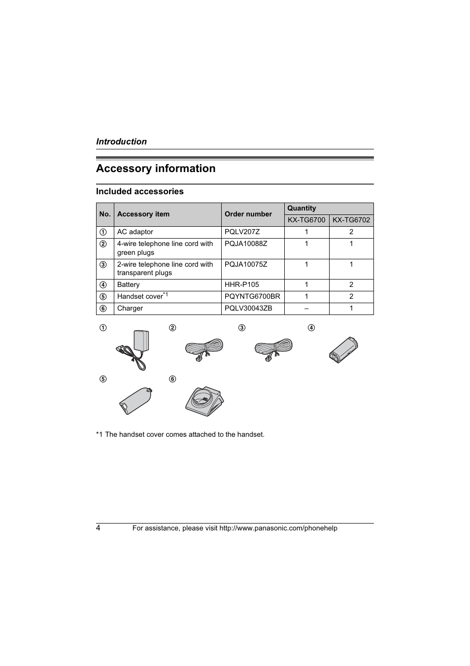 Supplied accessories, Accessory information | Panasonic KX-TG6700 User Manual | Page 4 / 72