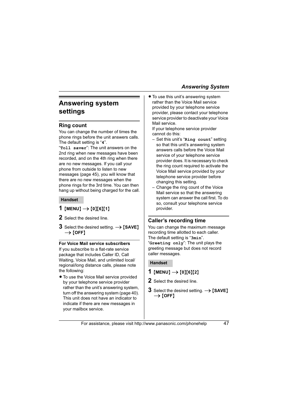 Answering system settings | Panasonic KX-TG6700 User Manual | Page 47 / 72