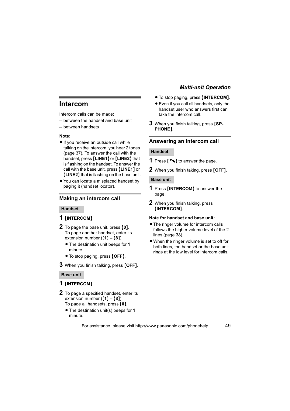 Multi-unit operation, Intercom | Panasonic KX-TG6700 User Manual | Page 49 / 72