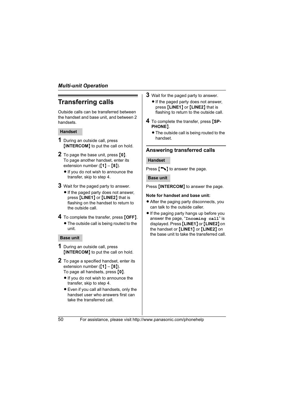 Transferring calls | Panasonic KX-TG6700 User Manual | Page 50 / 72