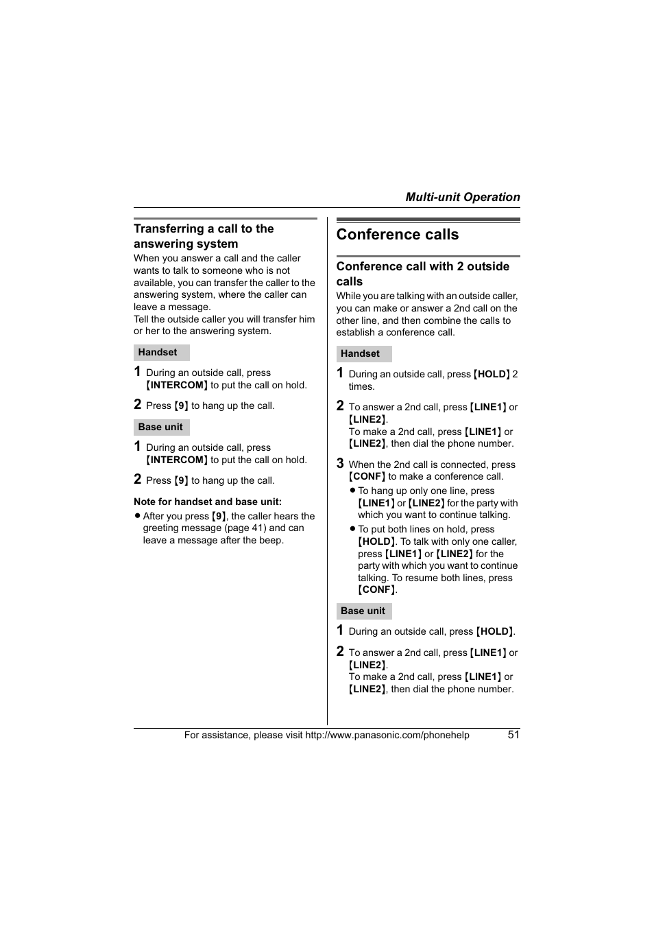 Conference calls | Panasonic KX-TG6700 User Manual | Page 51 / 72