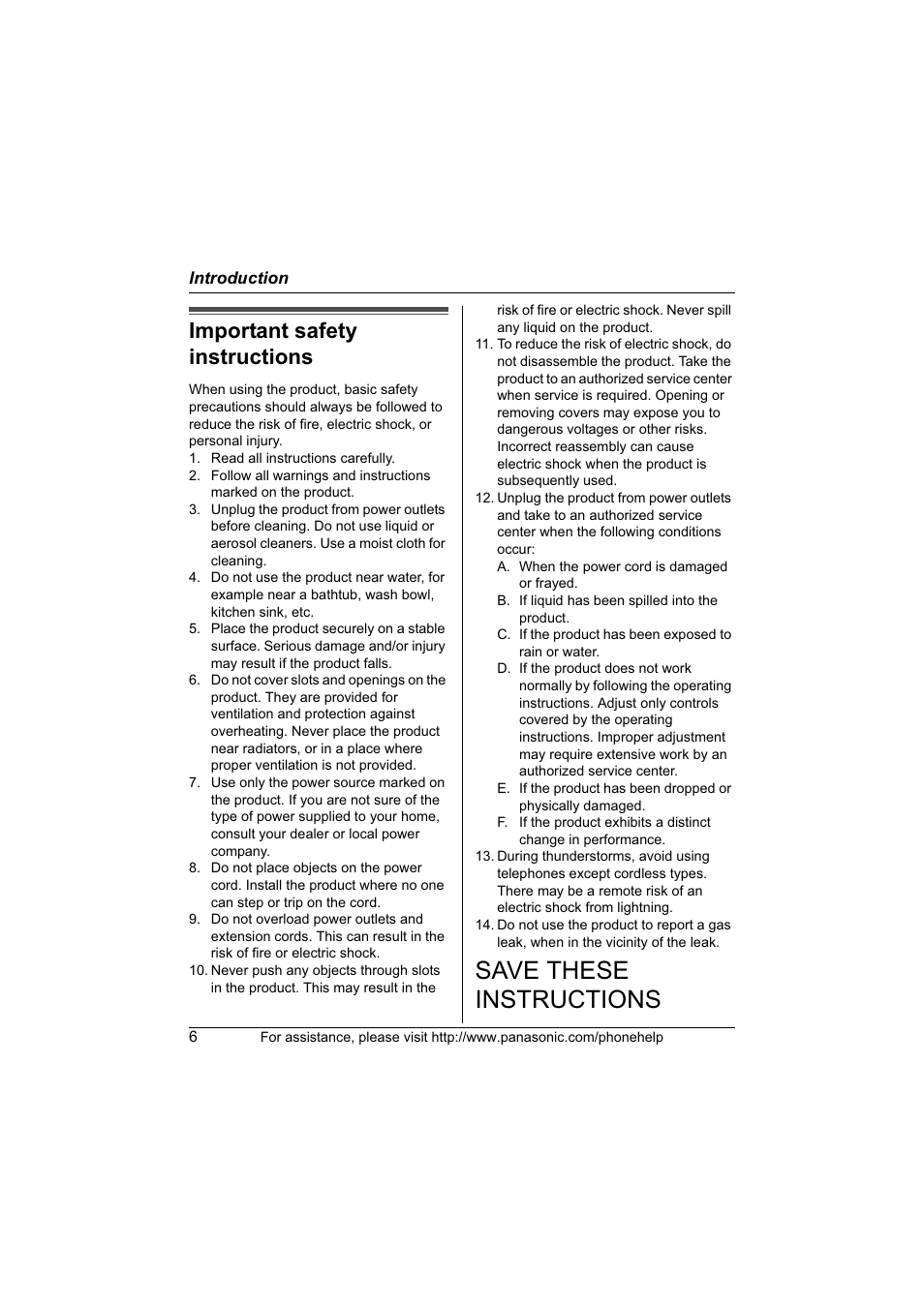 Save these instructions, Important safety instructions | Panasonic KX-TG6700 User Manual | Page 6 / 72