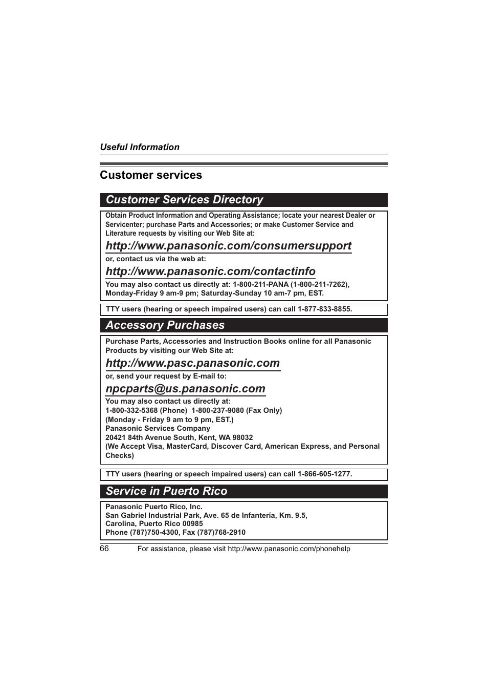 Customer services customer services directory, Accessory purchases service in puerto rico | Panasonic KX-TG6700 User Manual | Page 66 / 72