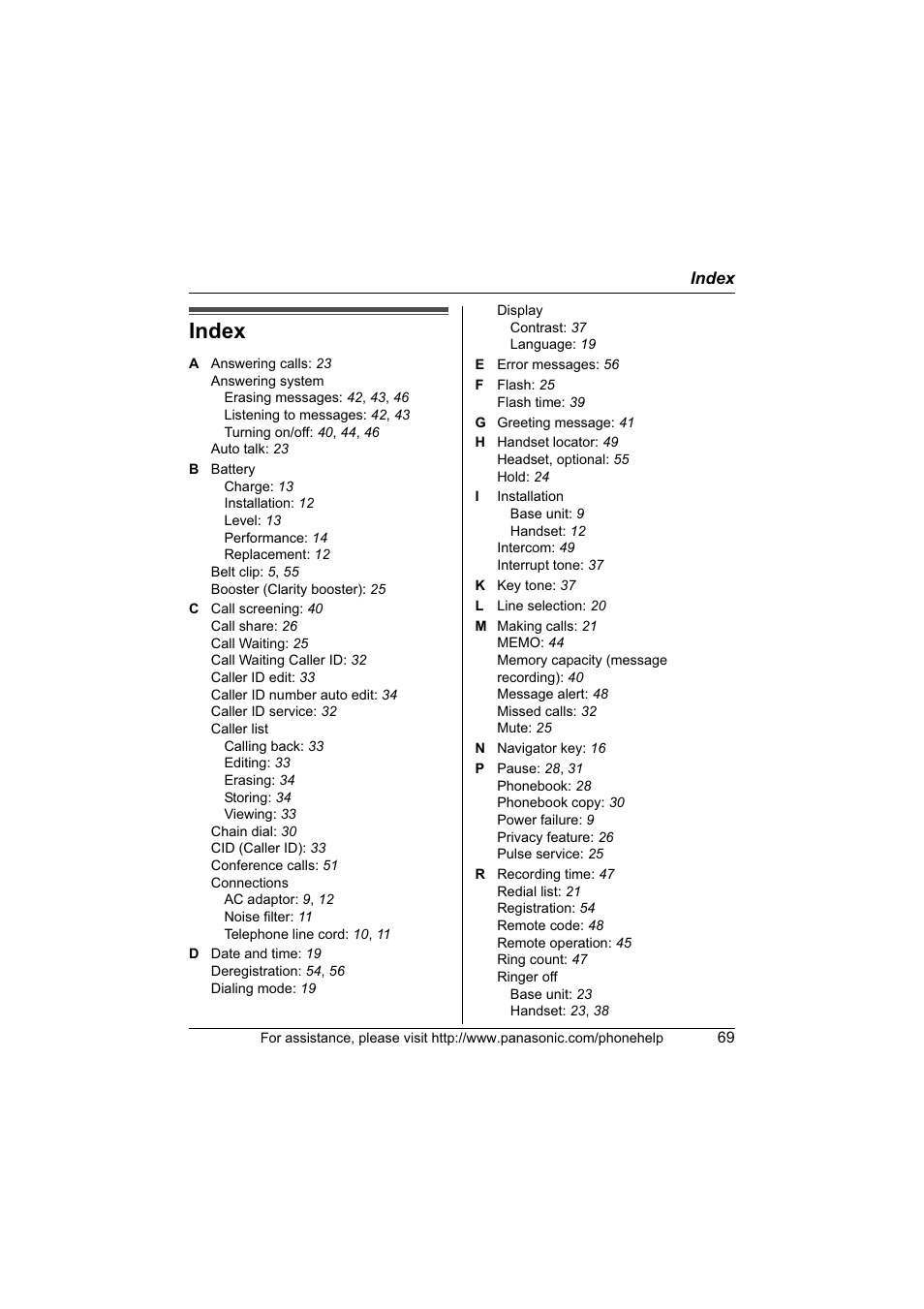 Index | Panasonic KX-TG6700 User Manual | Page 69 / 72