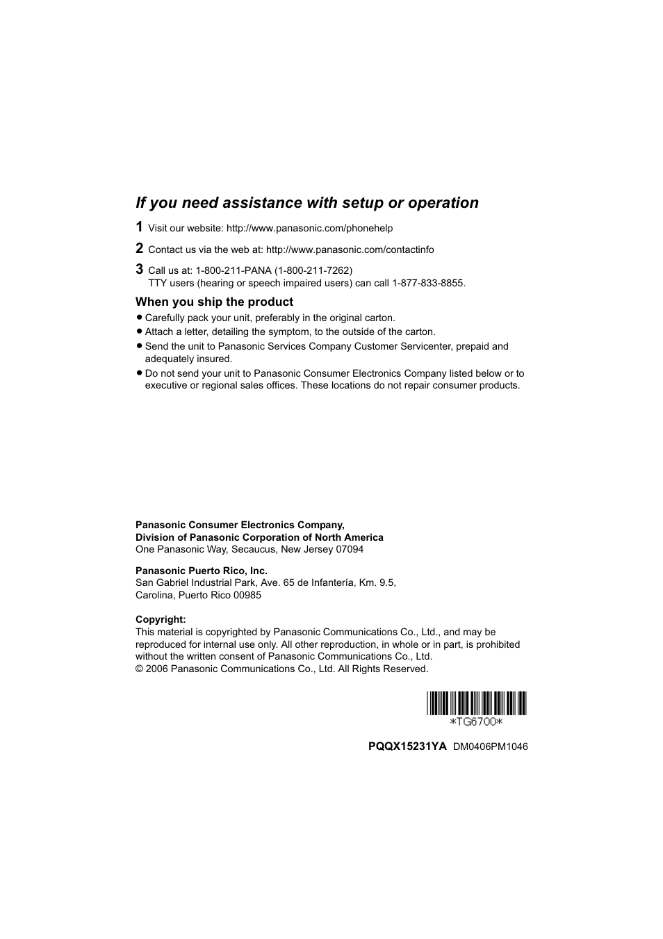 If you need assistance with setup or operation | Panasonic KX-TG6700 User Manual | Page 72 / 72