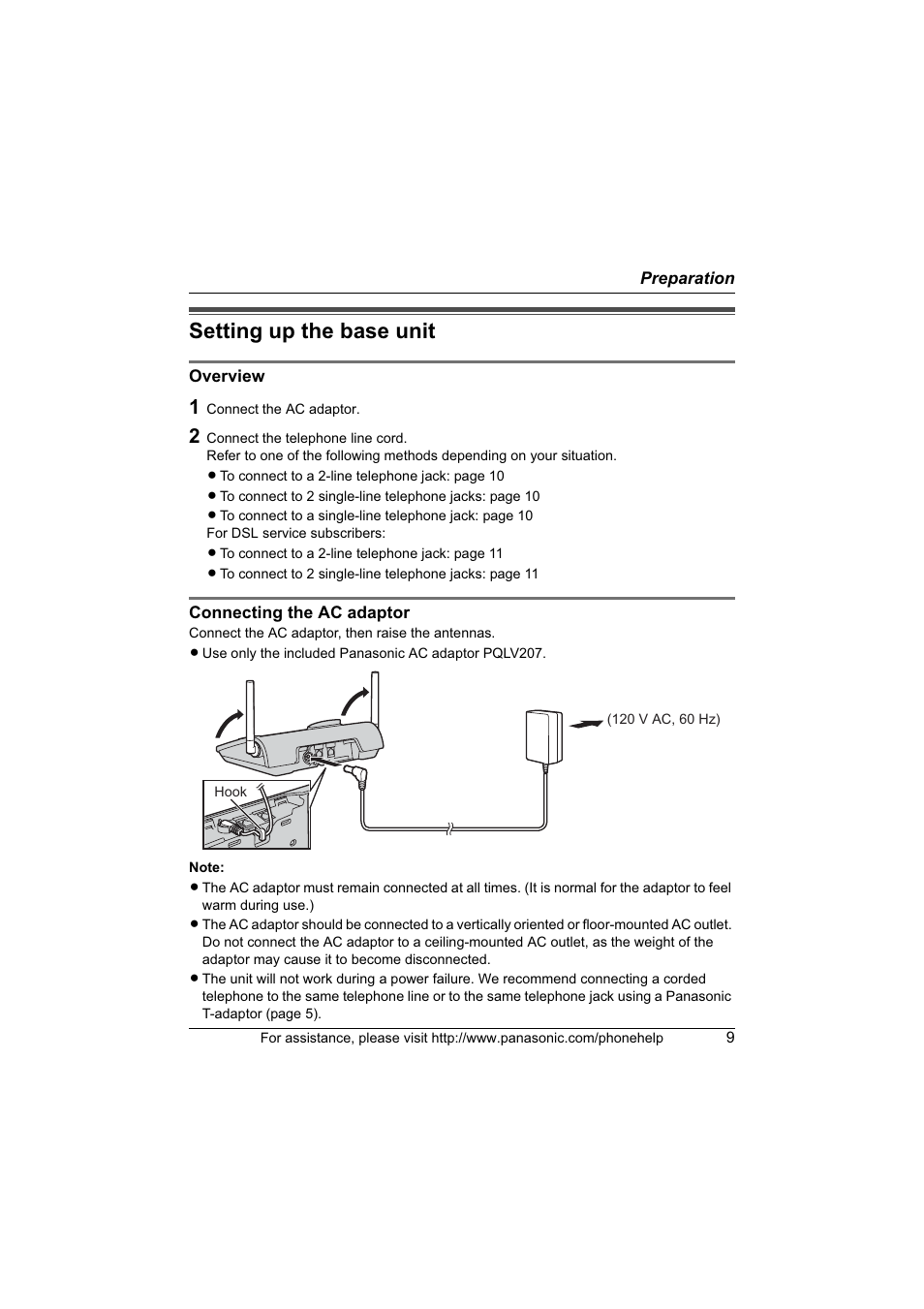 Preparation for use, Setting up the base unit | Panasonic KX-TG6700 User Manual | Page 9 / 72