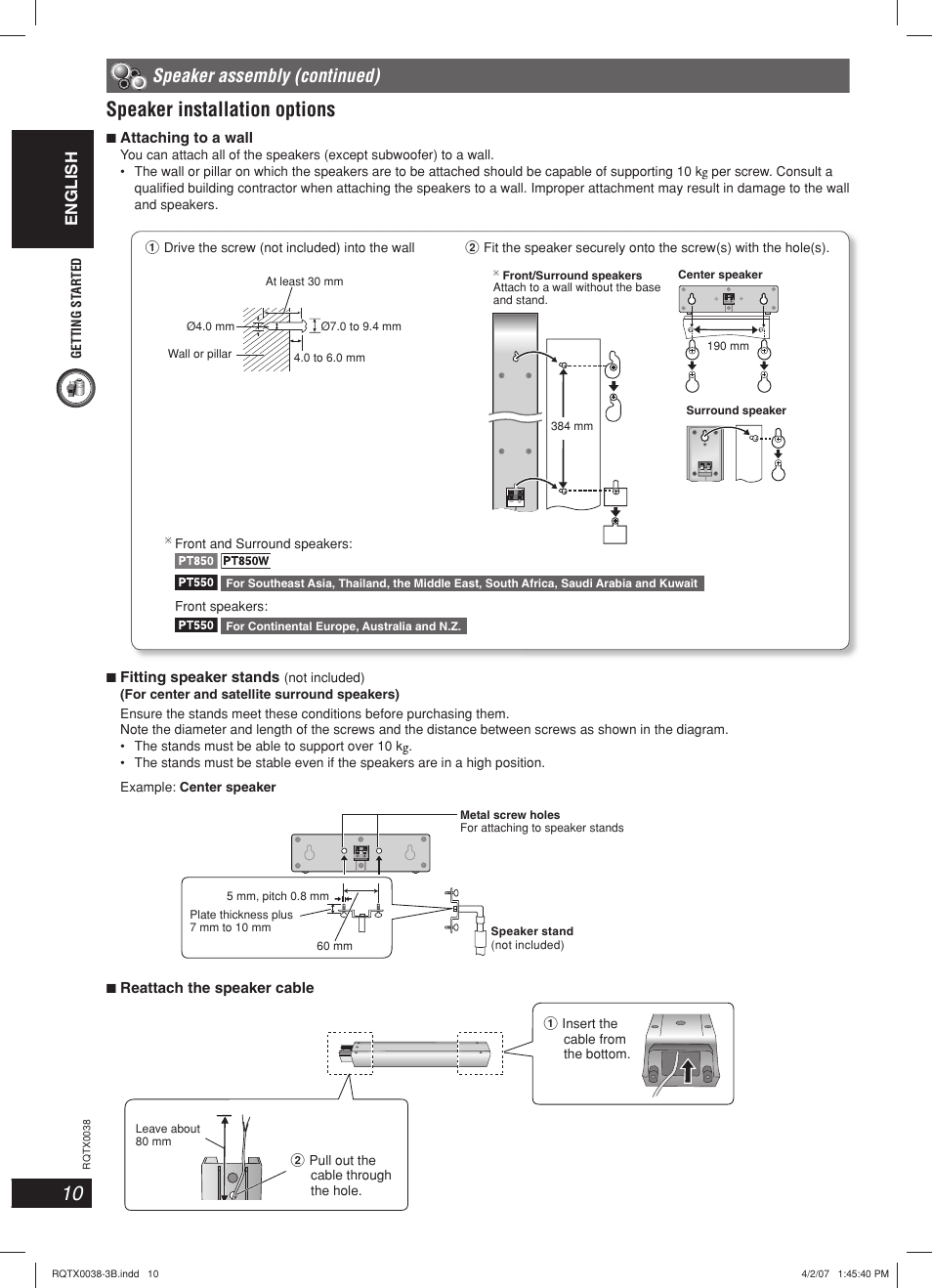 Speaker installation options, Speaker assembly (continued), English | Panasonic SC-PT850W User Manual | Page 10 / 48