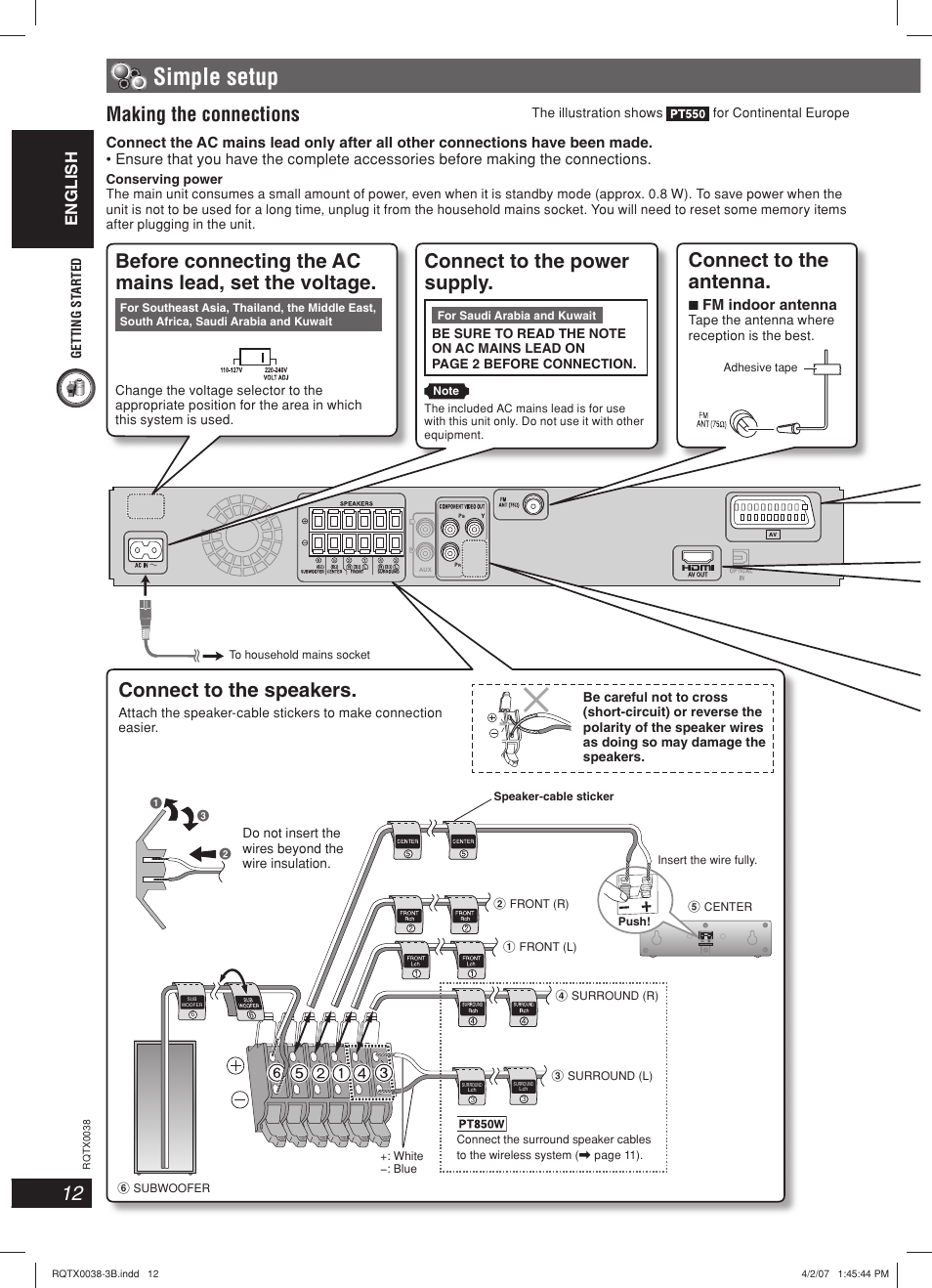 Simple setup, Making the connections, Connect to the speakers | Connect to the antenna, Connect to the power supply, English | Panasonic SC-PT850W User Manual | Page 12 / 48
