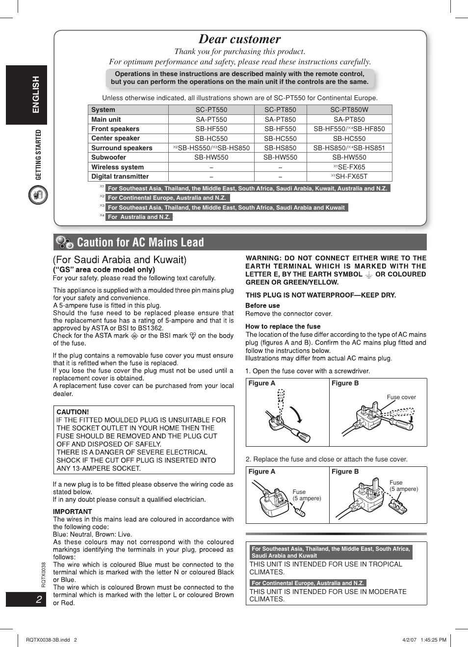 Dear customer, Caution for ac mains lead, English | Panasonic SC-PT850W User Manual | Page 2 / 48