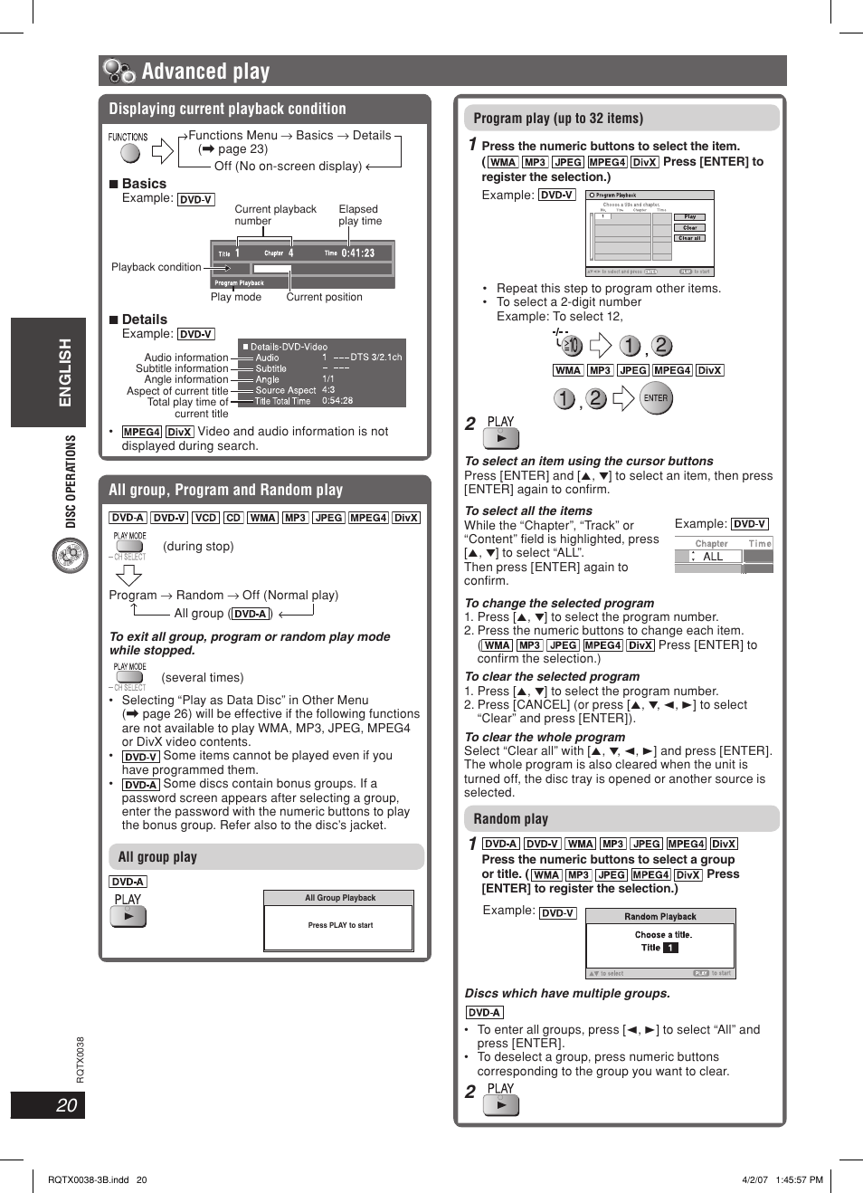 Advanced play, English, Displaying current playback condition | All group, program and random play | Panasonic SC-PT850W User Manual | Page 20 / 48