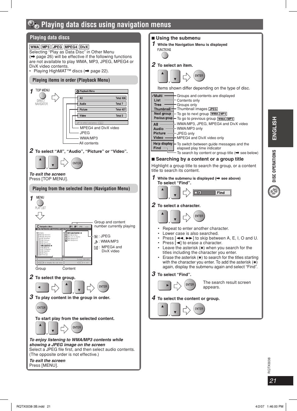 Playing data discs using navigation menus, English, Playing data discs | Panasonic SC-PT850W User Manual | Page 21 / 48