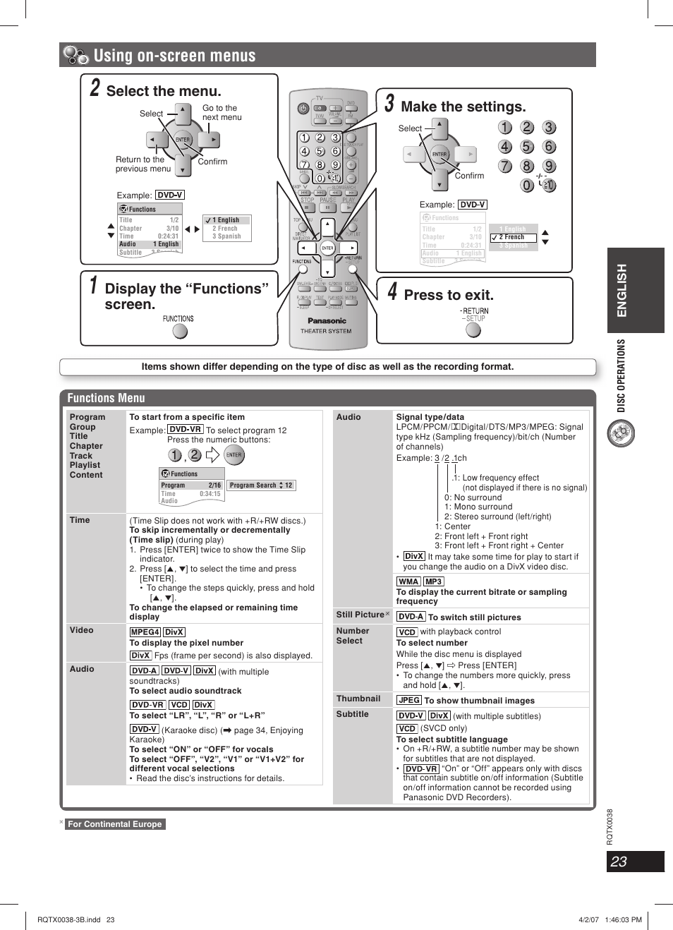 Using on-screen menus, Make the settings, Display the “functions” screen | Press to exit, Select the menu, English, Functions menu | Panasonic SC-PT850W User Manual | Page 23 / 48