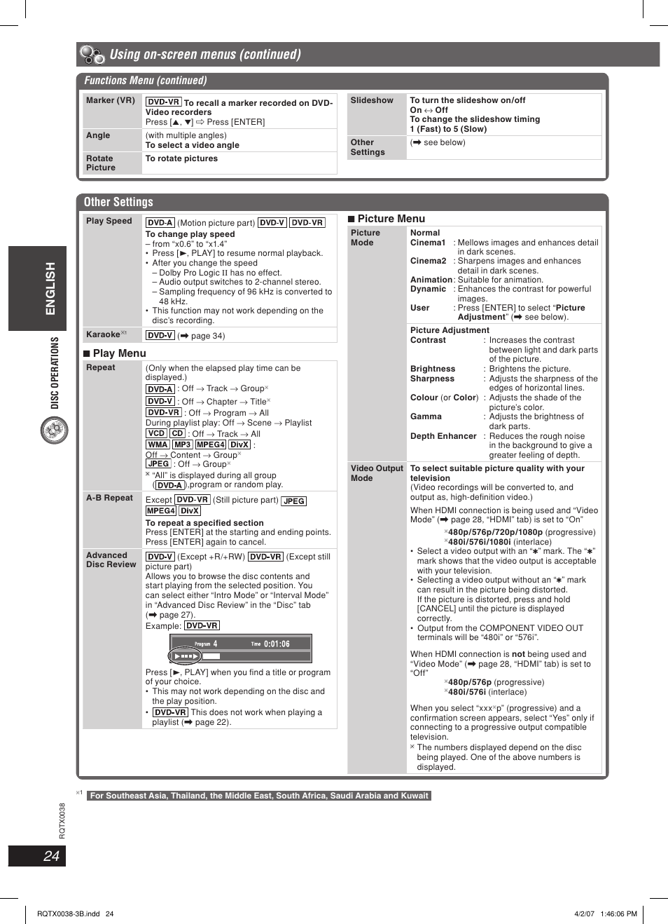 Using on-screen menus (continued), English, Other settings | 7 play menu, 7 picture menu, Functions menu (continued) | Panasonic SC-PT850W User Manual | Page 24 / 48