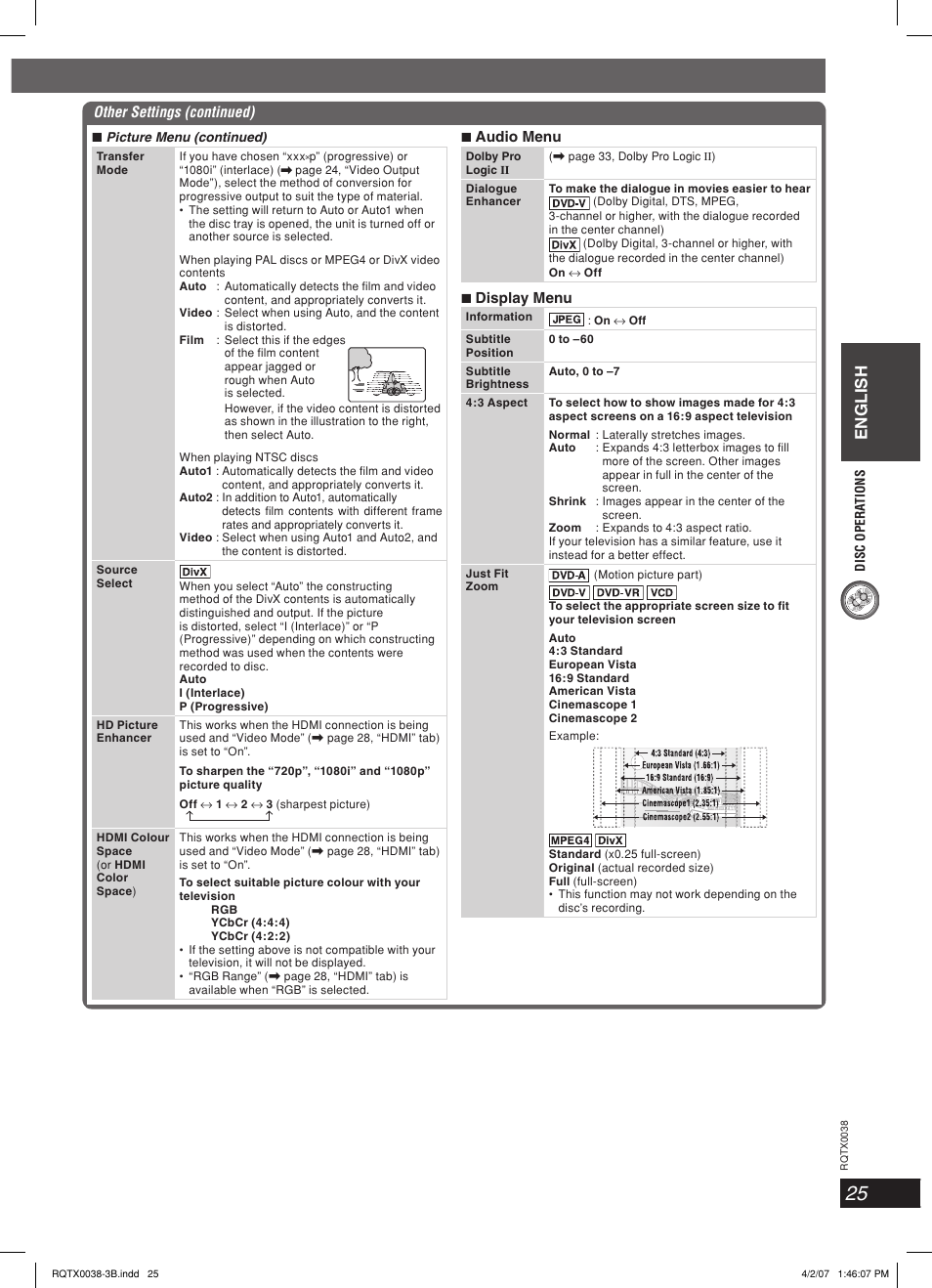 English, Other settings (continued) 7, 7 audio menu | 7 display menu | Panasonic SC-PT850W User Manual | Page 25 / 48
