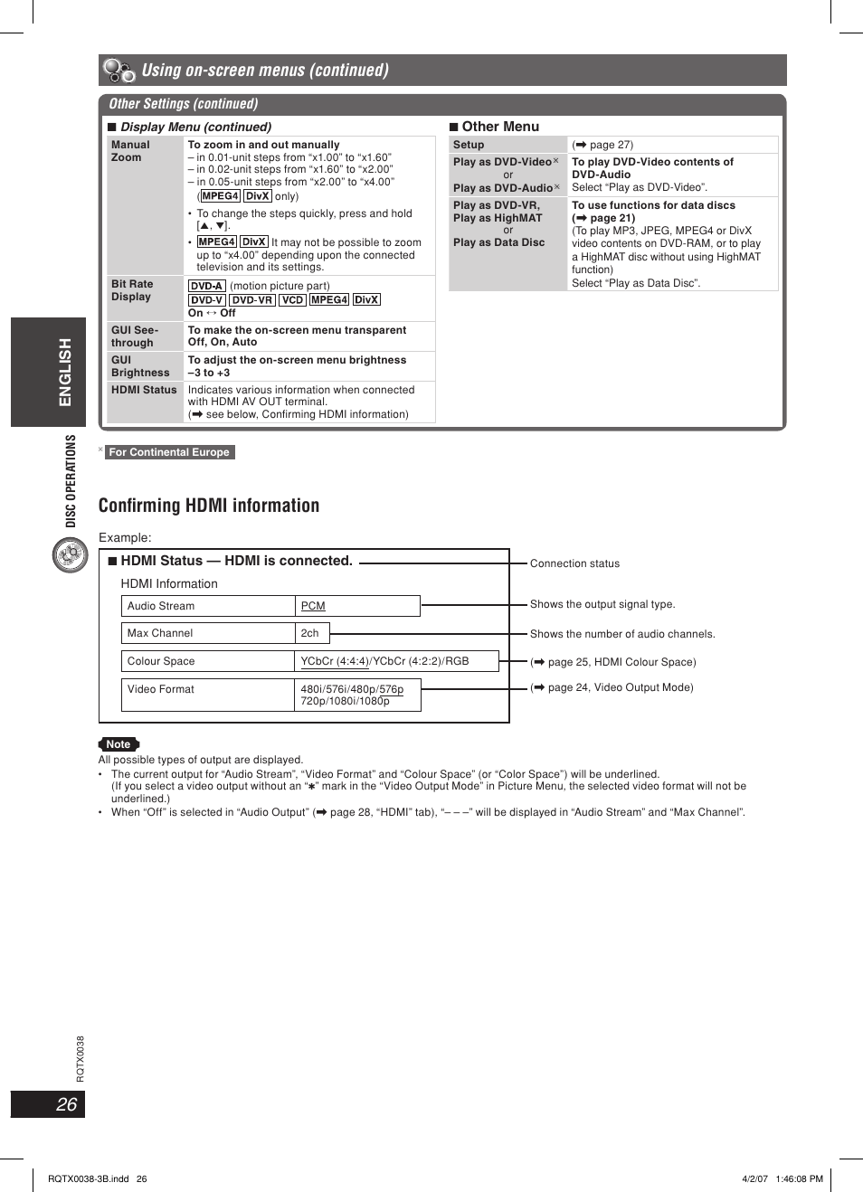 Confi rming hdmi information, Using on-screen menus (continued), English | Panasonic SC-PT850W User Manual | Page 26 / 48
