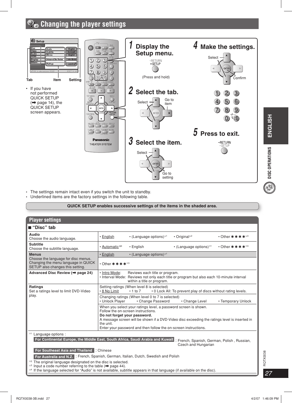 Changing the player settings, Display the setup menu, Select the tab | Select the item, Make the settings, Press to exit, English, Player settings | Panasonic SC-PT850W User Manual | Page 27 / 48