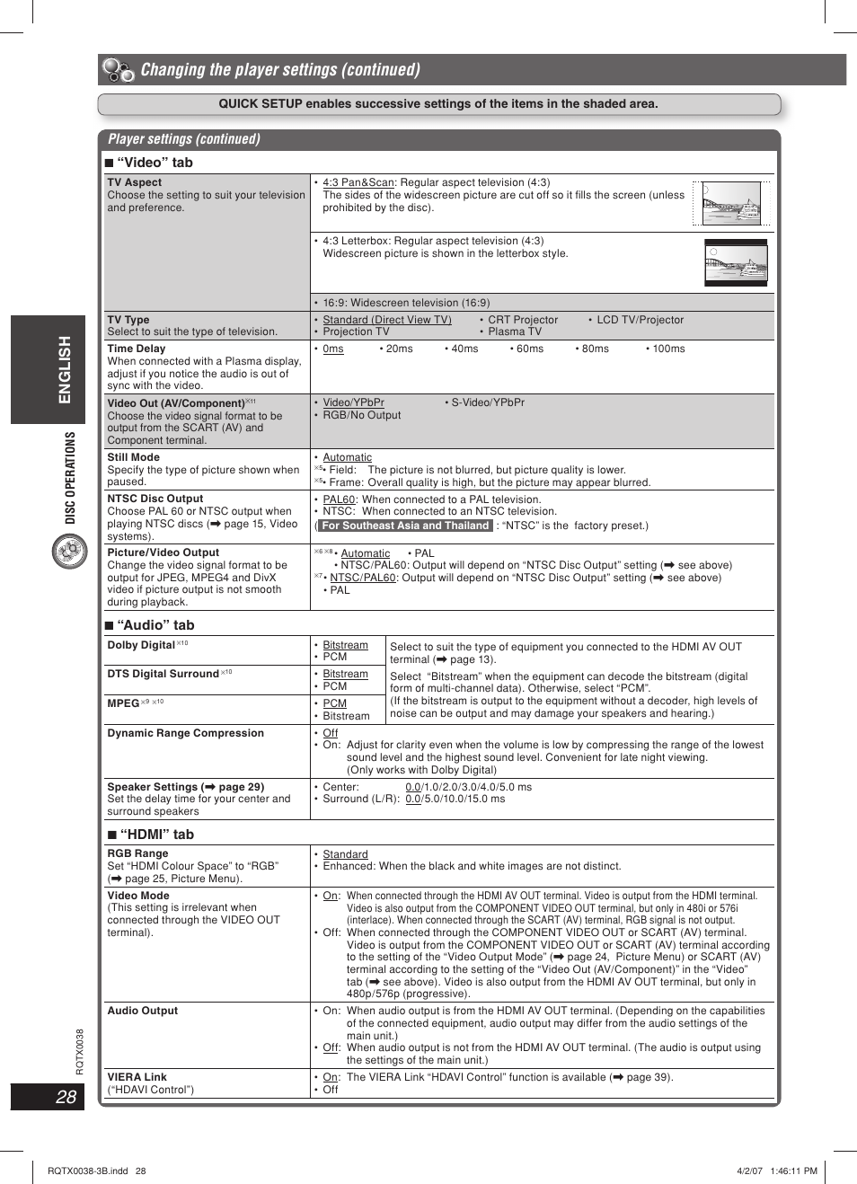 Changing the player settings (continued), English, Player settings (continued) 7 “video” tab | 7 “audio” tab, 7 “hdmi” tab | Panasonic SC-PT850W User Manual | Page 28 / 48