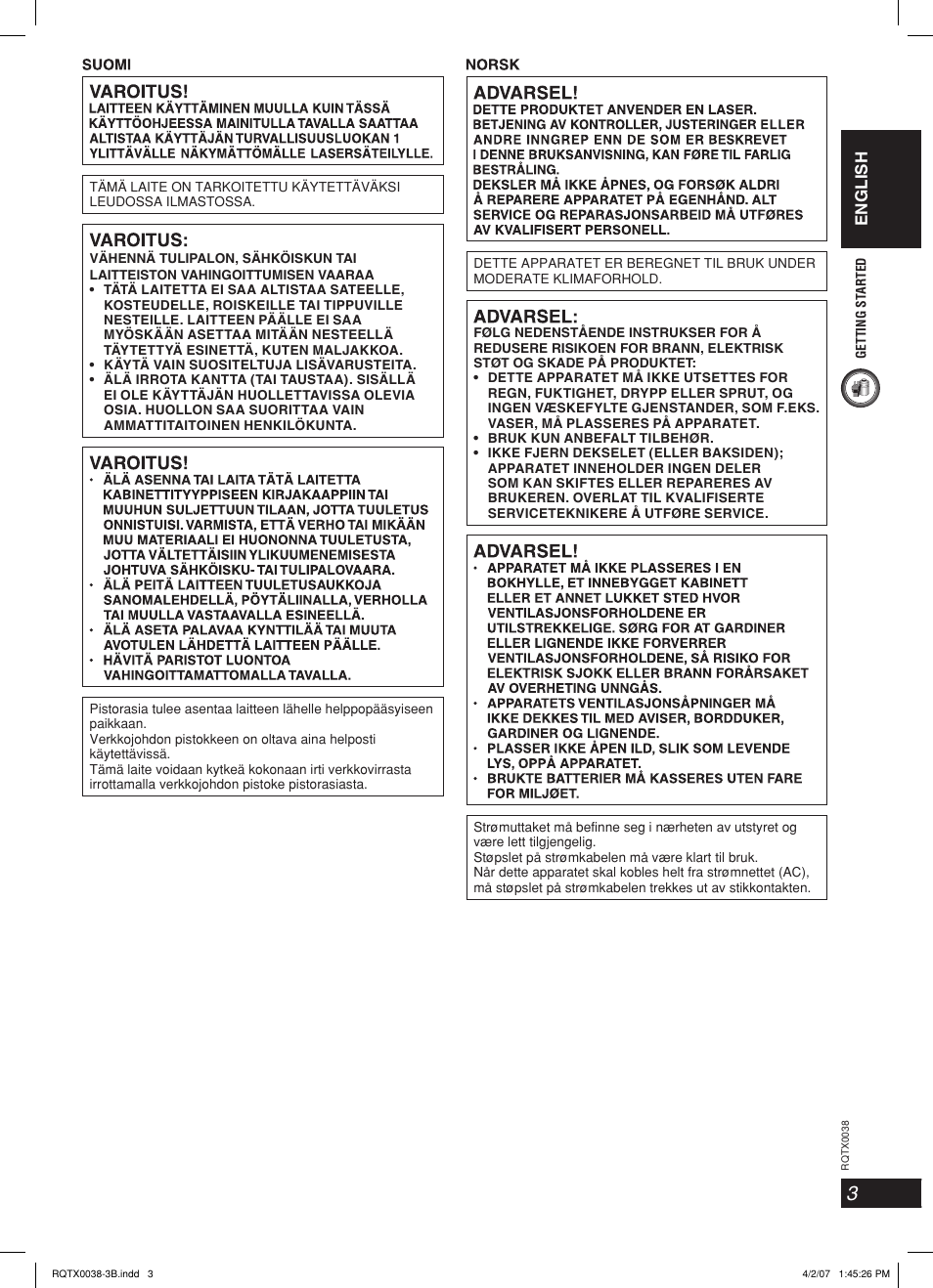 English | Panasonic SC-PT850W User Manual | Page 3 / 48