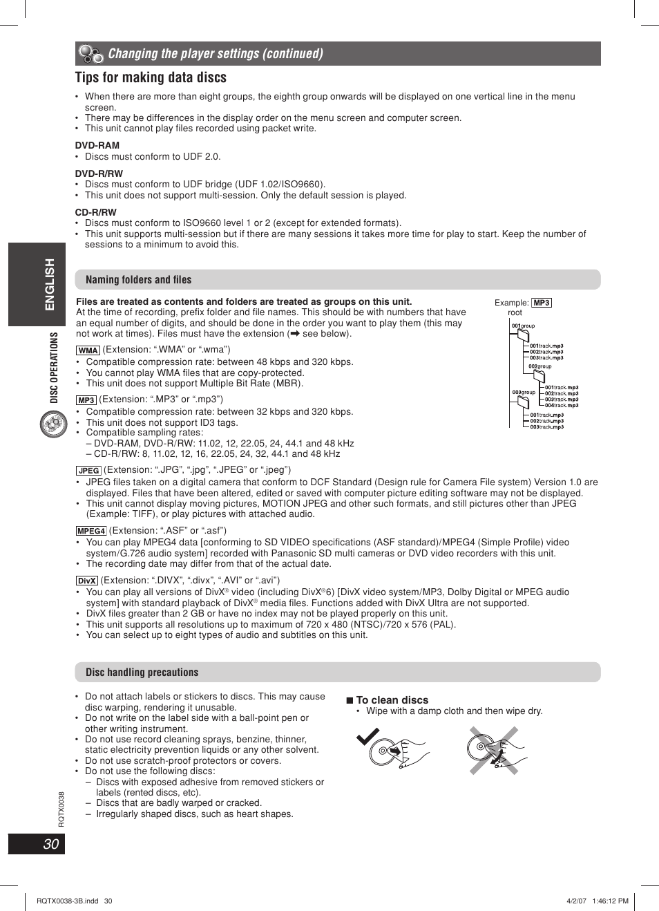 Tips for making data discs, Changing the player settings (continued), English | Panasonic SC-PT850W User Manual | Page 30 / 48