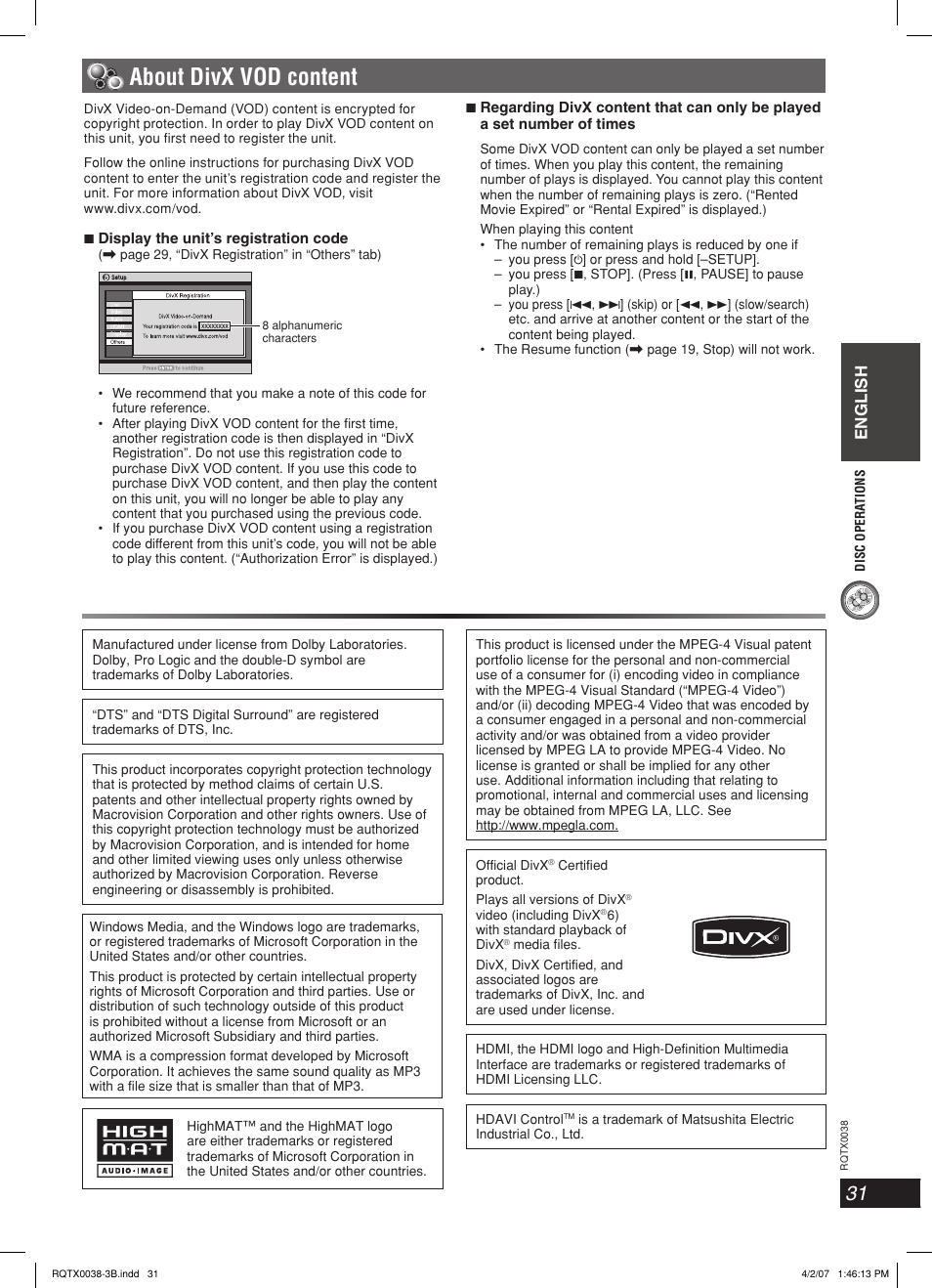 About divx vod content, English | Panasonic SC-PT850W User Manual | Page 31 / 48
