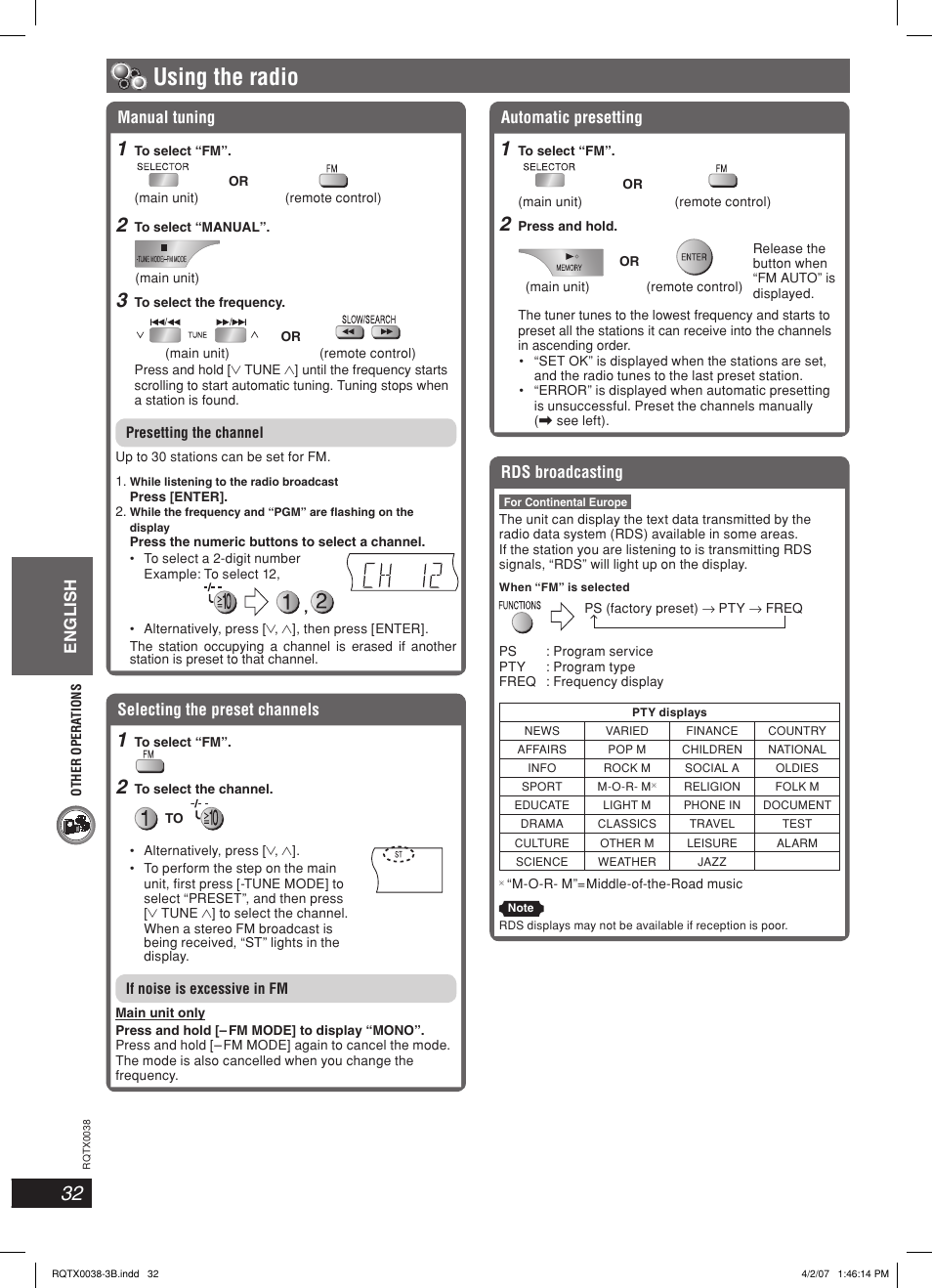 Using the radio, English, Automatic presetting | Manual tuning, Selecting the preset channels, Rds broadcasting | Panasonic SC-PT850W User Manual | Page 32 / 48