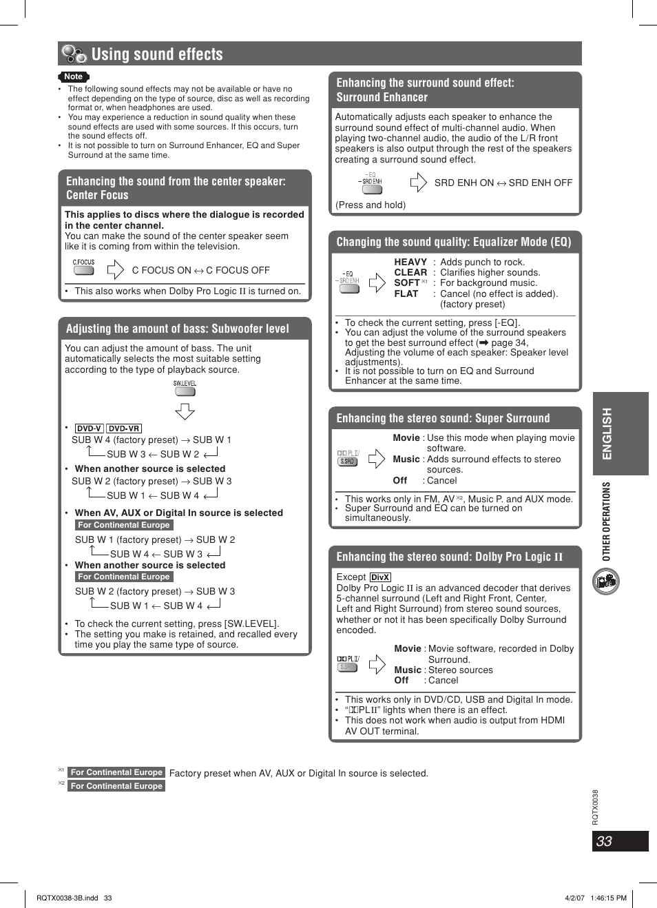 Using sound effects, English, Adjusting the amount of bass: subwoofer level | Enhancing the stereo sound: super surround, Changing the sound quality: equalizer mode (eq), Enhancing the stereo sound: dolby pro logic ii | Panasonic SC-PT850W User Manual | Page 33 / 48