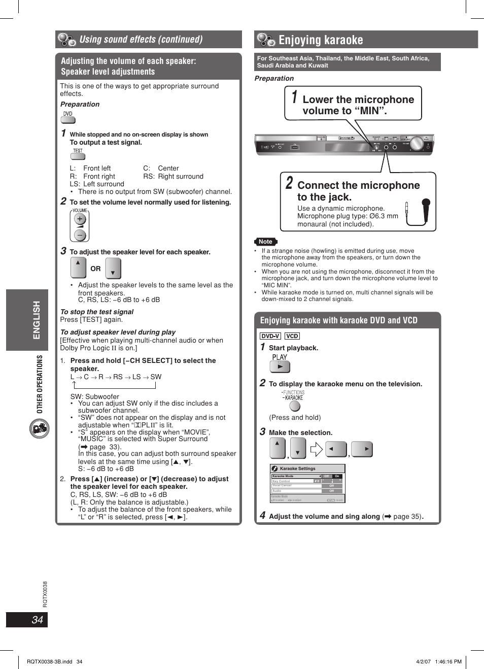 Enjoying karaoke, Lower the microphone volume to “min, Connect the microphone to the jack | Using sound effects (continued), English, Enjoying karaoke with karaoke dvd and vcd | Panasonic SC-PT850W User Manual | Page 34 / 48