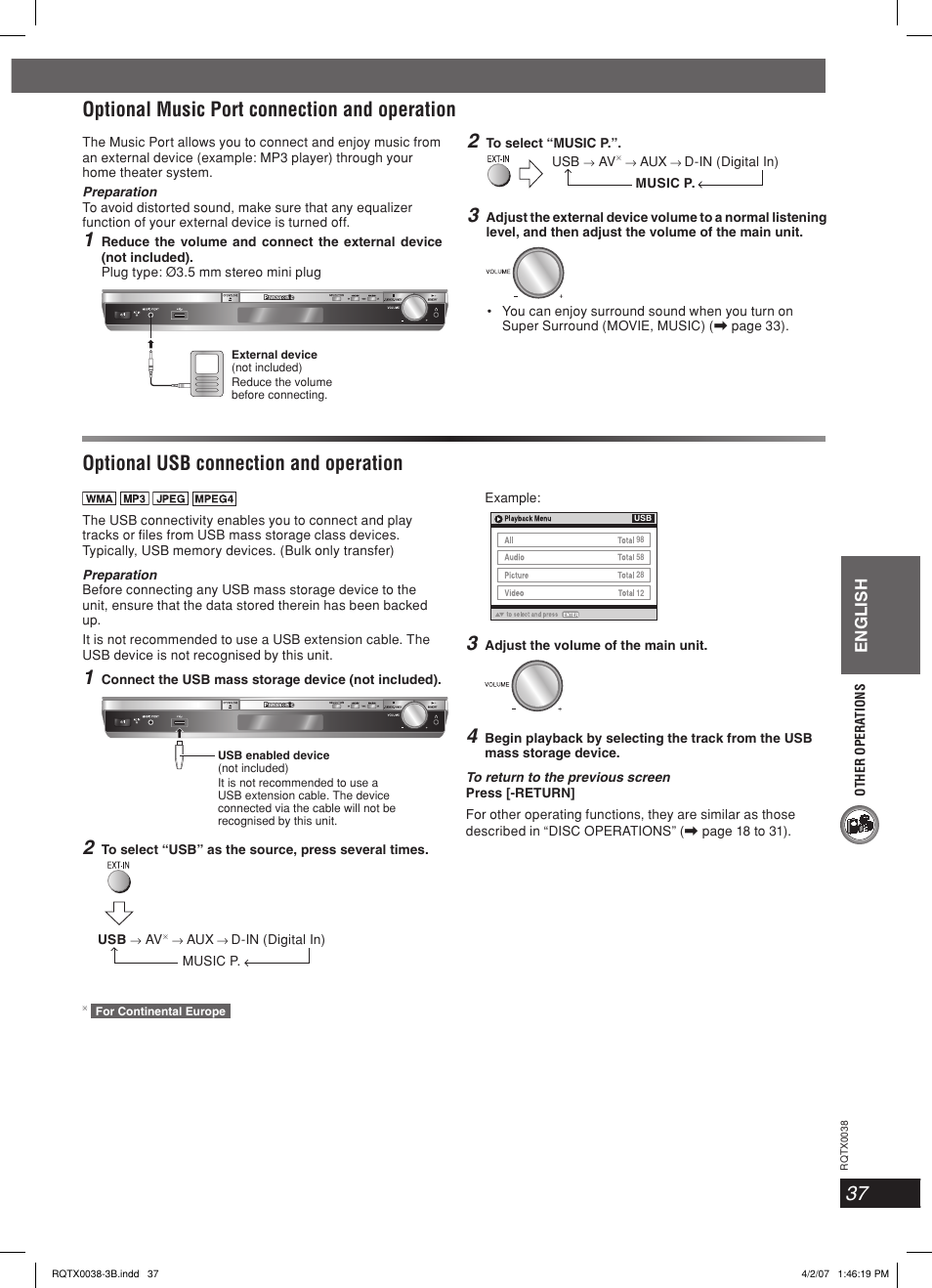 Optional usb connection and operation, Optional music port connection and operation, Optional music port connection and operation 2 | English | Panasonic SC-PT850W User Manual | Page 37 / 48