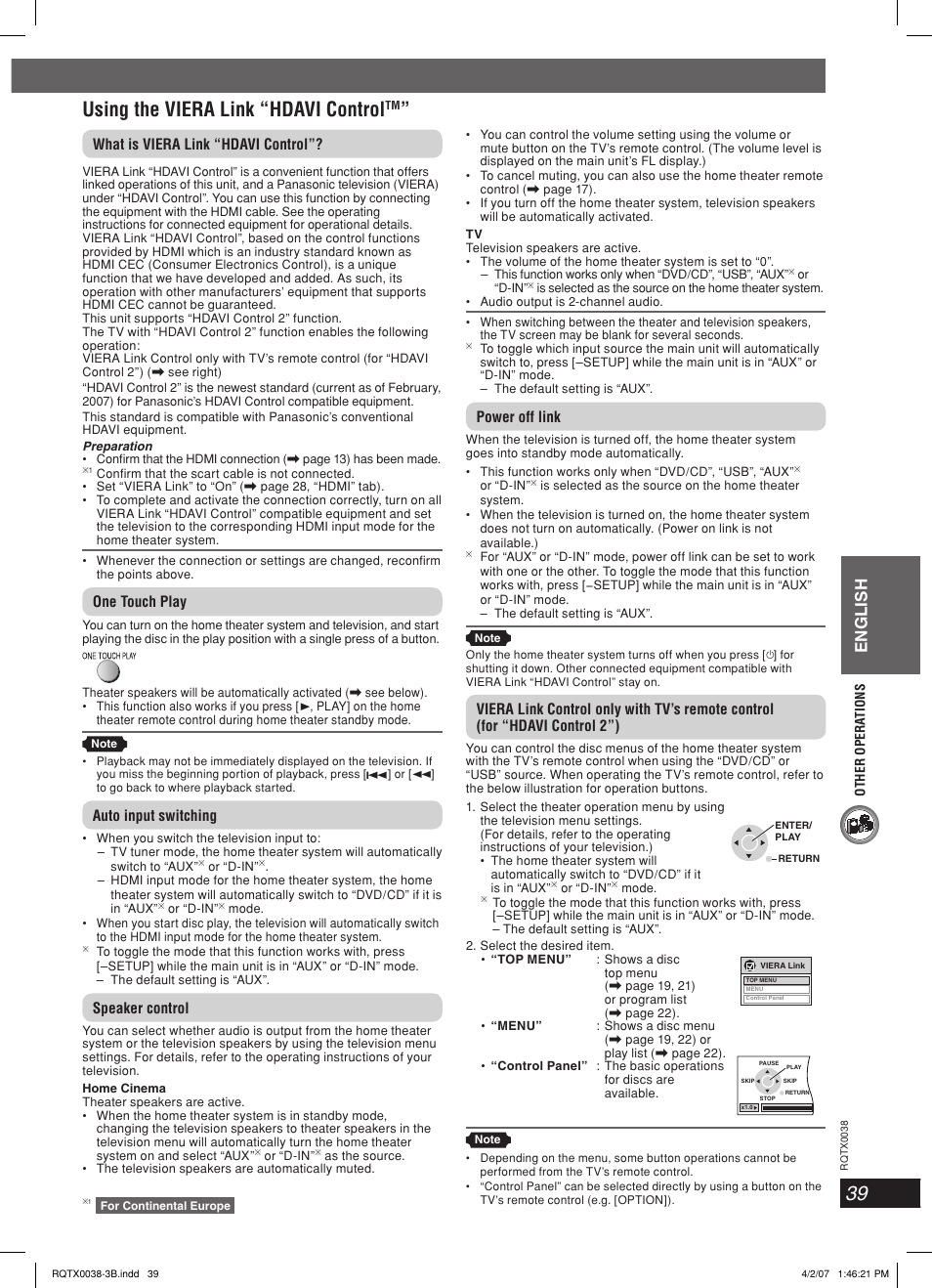 Using the viera link “hdavi control, English, What is viera link “hdavi control | One touch play, Auto input switching, Speaker control, Power off link | Panasonic SC-PT850W User Manual | Page 39 / 48